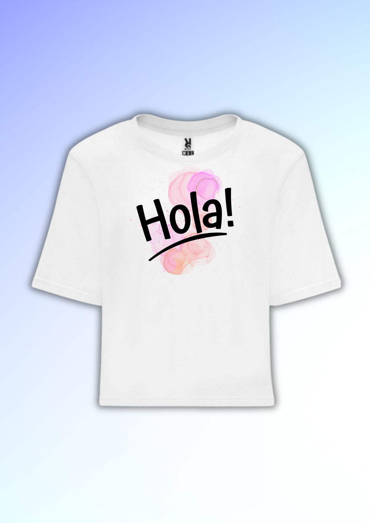 Camiseta crop Hola con acuarela rosa